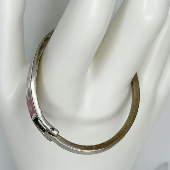 Vintage Silver Tone Abalone Shell Flower Inlay Hinge Child's Bangle ✨ - Picture 7 of 10